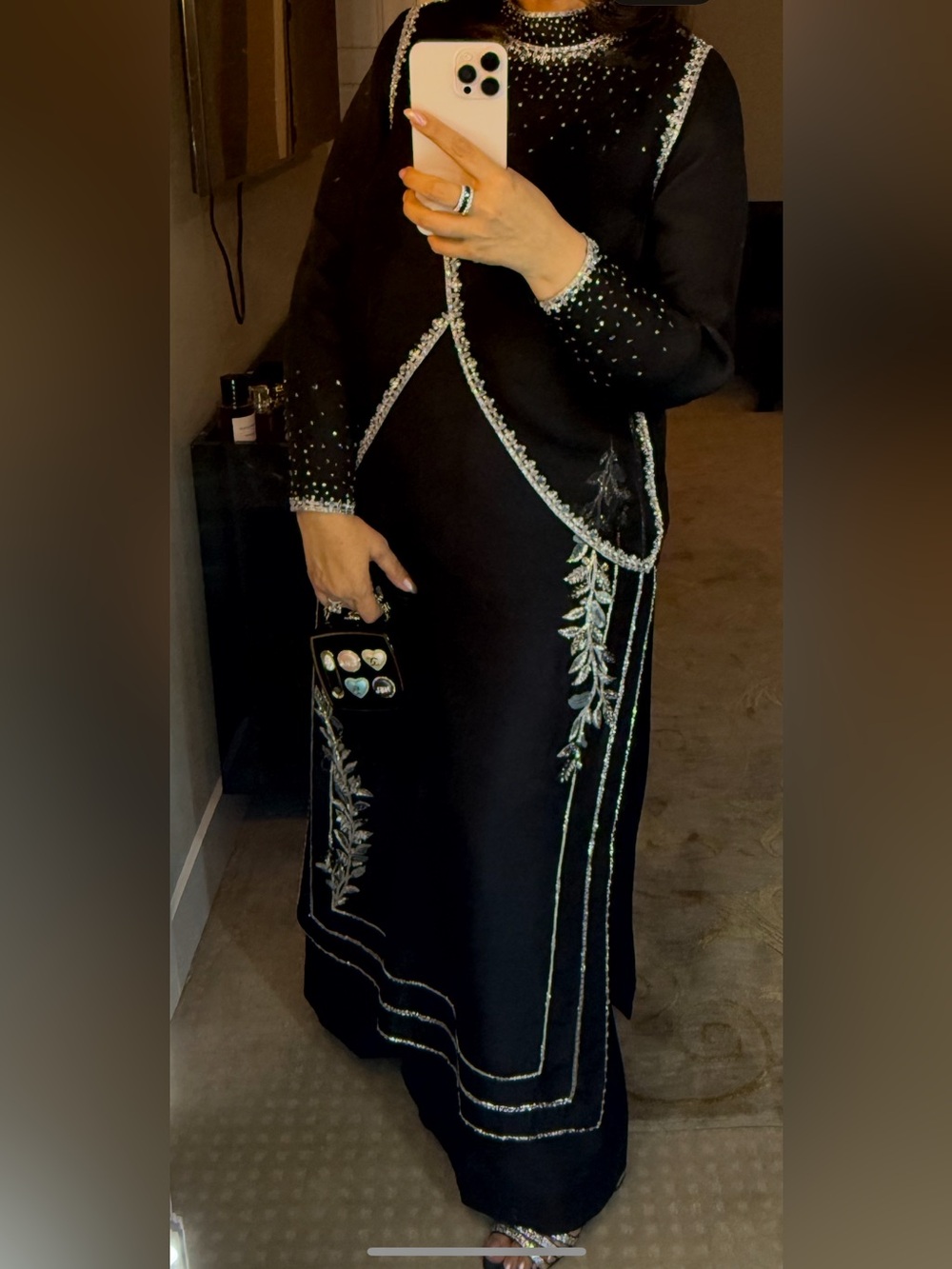 Black Long-Sleeve Embellished Evening Dress with Silver Accents